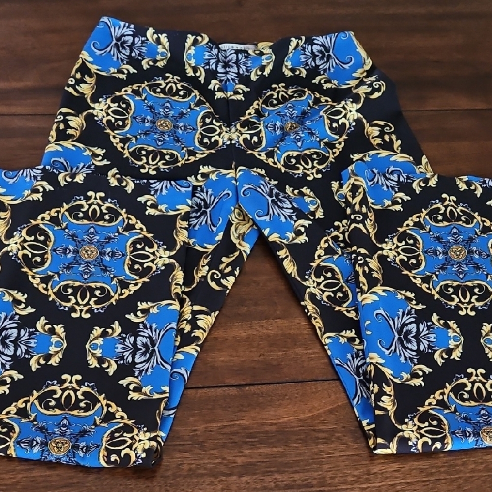 Alice + Olivia Dress Pants - Black, Blue, Gold Baroque Print
